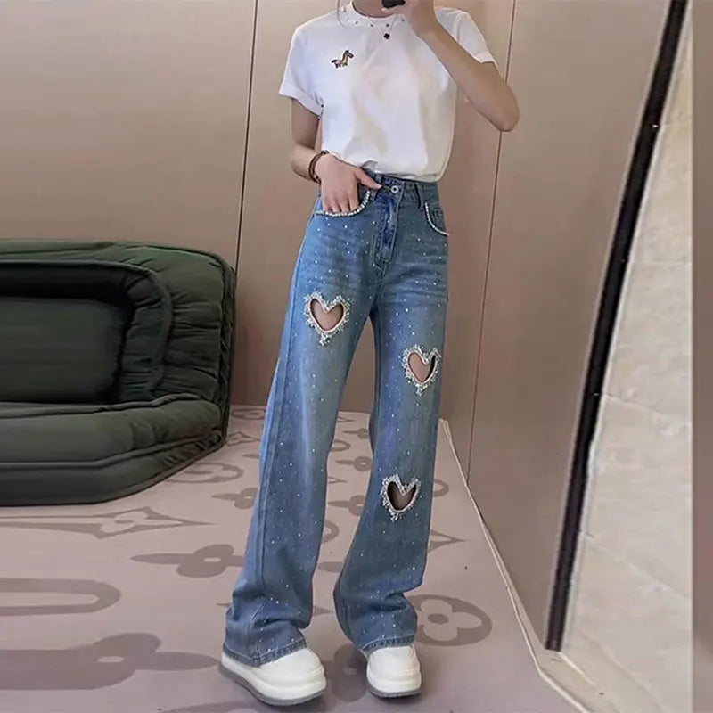 Heart Shaped Stylish Fashion Jeans  Diamond-Encrusted Beaded Hollowed-Out Straight Wide-Leg Women