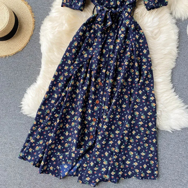 Women Floral Dress V Neck Puff Sleeve Single-Breasted Belt Dress Bohemian Style Midi Dress