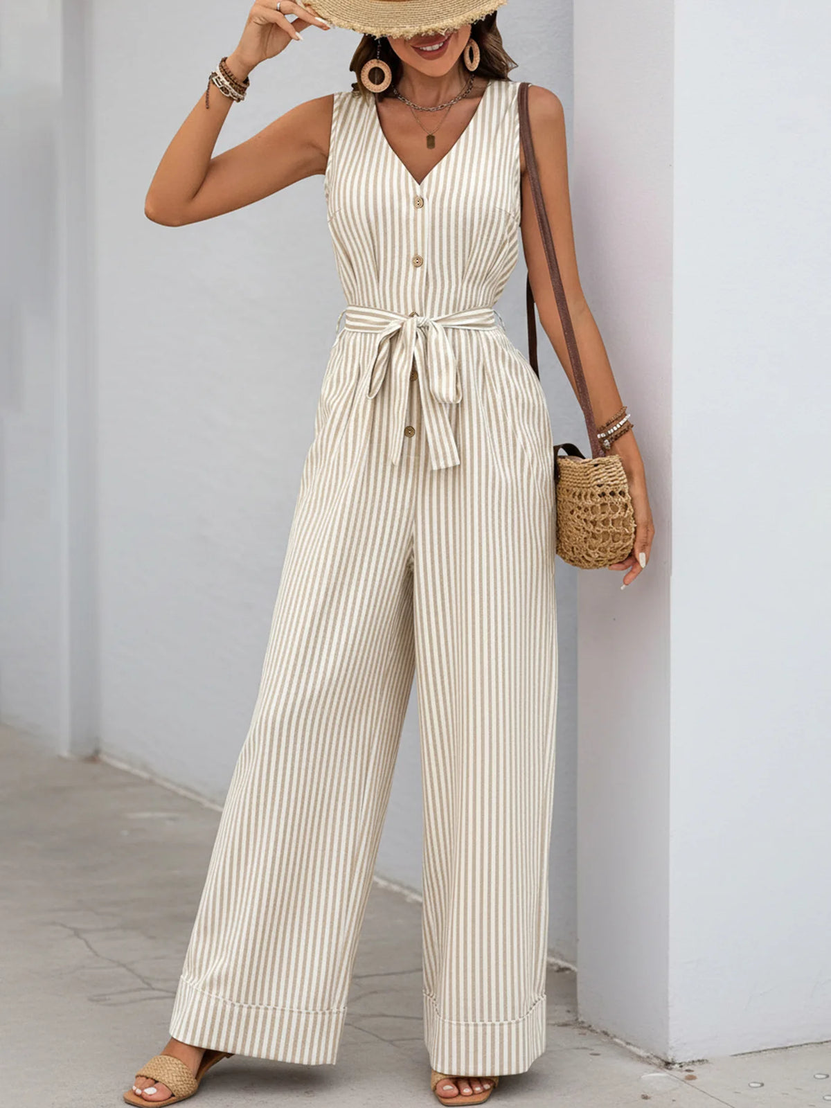 Women's Sleeveless Comfortable Fit V-Neck Striped Jumpsuit with Belted Waist and Pockets and Wide Leg Pants for Casual Summer