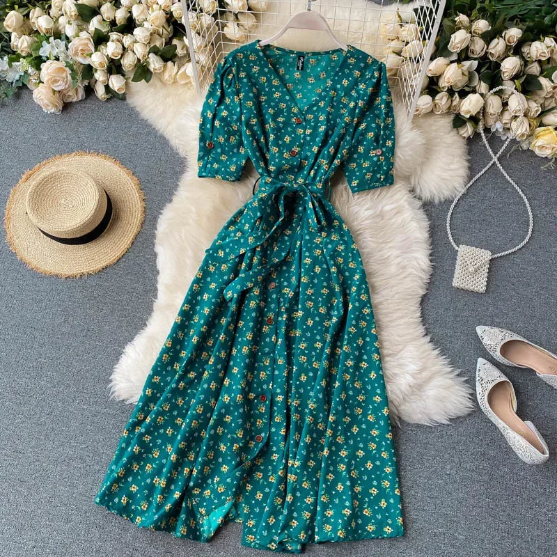 Women Floral Dress V Neck Puff Sleeve Single-Breasted Belt Dress Bohemian Style Midi Dress