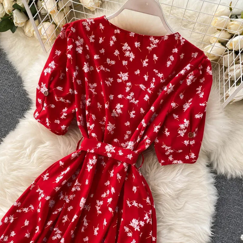 Women Floral Dress V Neck Puff Sleeve Single-Breasted Belt Dress Bohemian Style Midi Dress