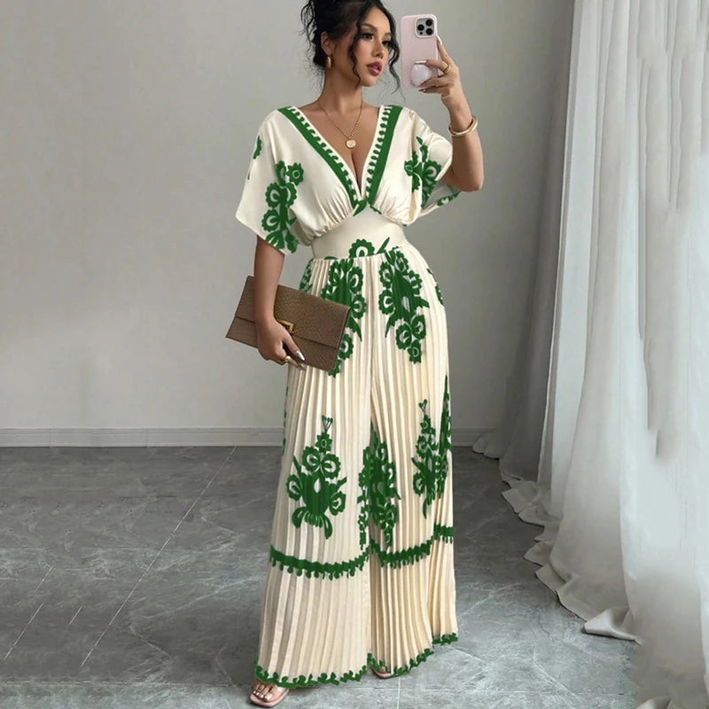 Women's New Casual Deep V Neck Backless Jumpsuit Fashion Versatile Short Sleeve High Waist Wide Leg Jumpsuits