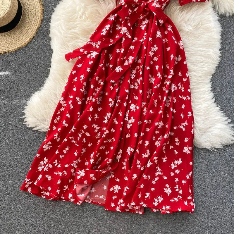 Women Floral Dress V Neck Puff Sleeve Single-Breasted Belt Dress Bohemian Style Midi Dress