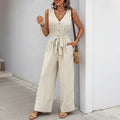Women's Sleeveless Comfortable Fit V-Neck Striped Jumpsuit with Belted Waist and Pockets and Wide Leg Pants for Casual Summer