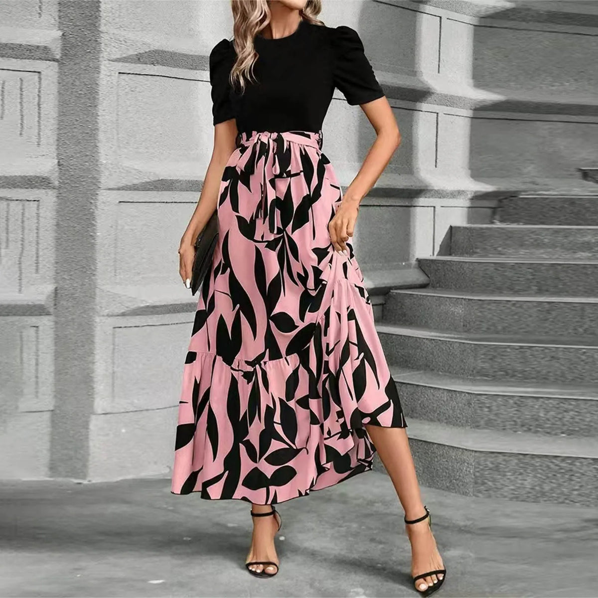 Women Classy Elegant  A-line Lace-up Slim Fit Waist Ruffle Hem Dress