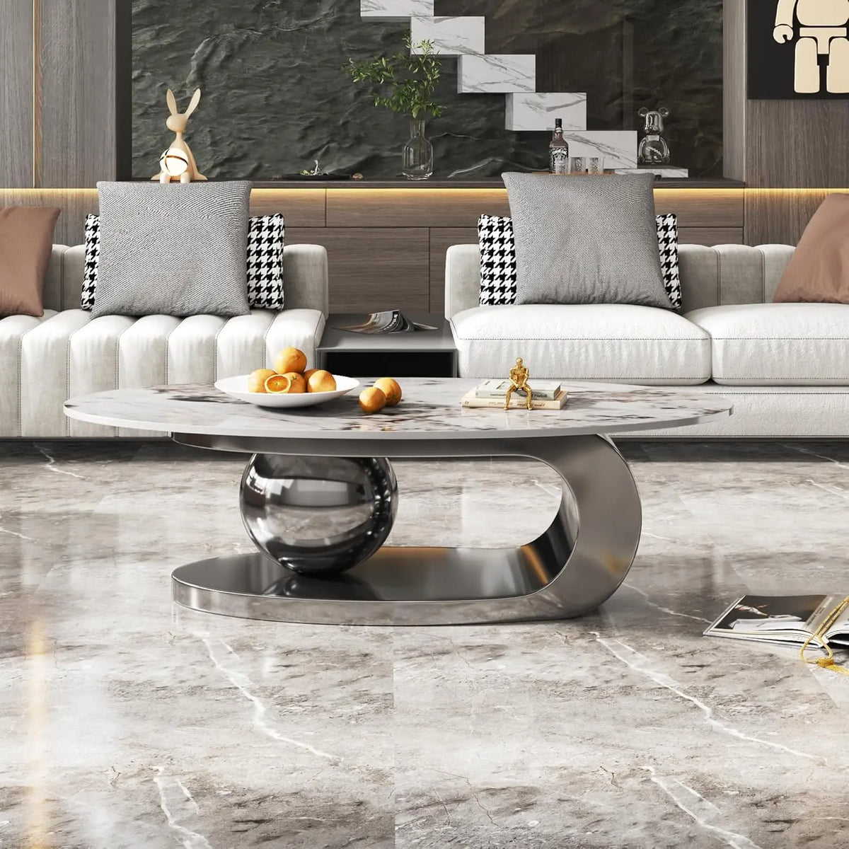Modern Marble Coffee Table with Silver Stainless Steel Pedestal Living Room Home Decor Luxury Living