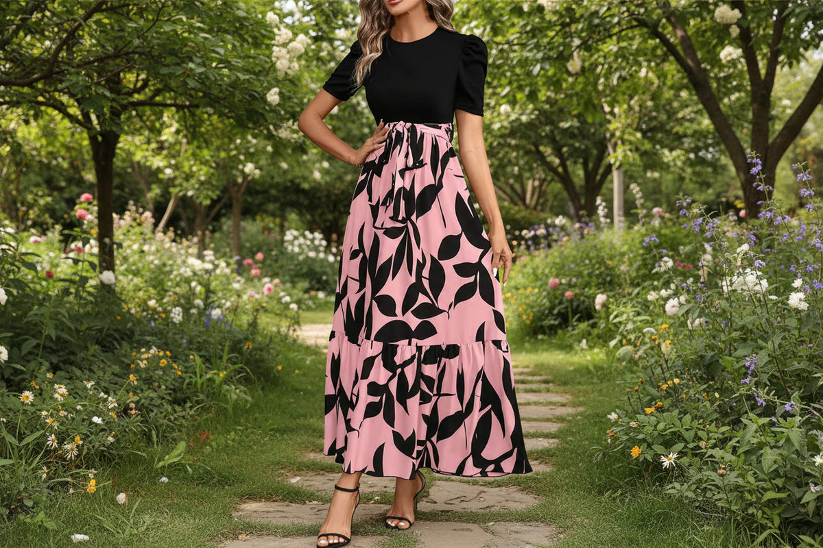 Women Classy Elegant  A-line Lace-up Slim Fit Waist Ruffle Hem Dress