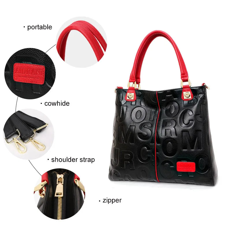 New Women's Cowhide Fashionable and Versatile Large Letter Printed Shoulder Bag