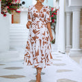 Women Modern Geometric Print Elegant Party Fashion V Neck Short Sleeve High Waist Midi Dress