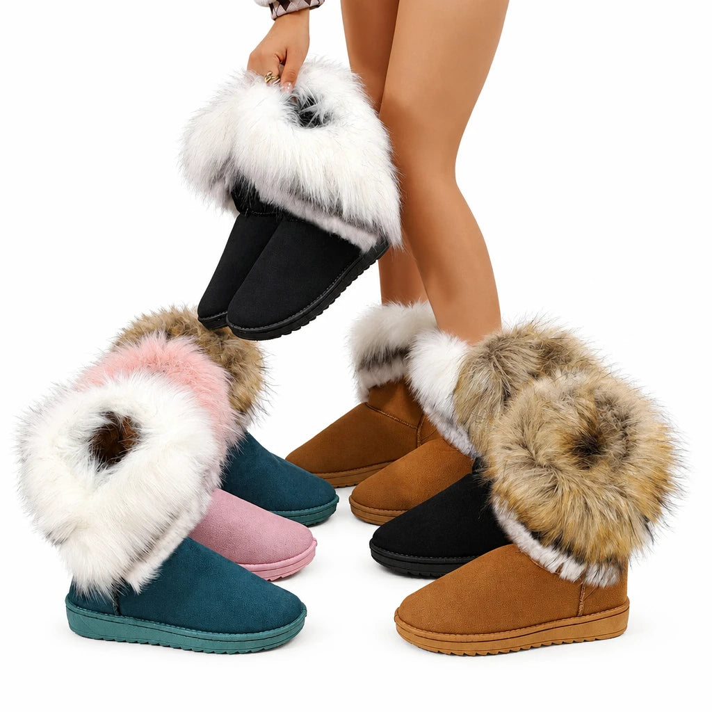 Winter Mid-Calf Fur Lined Flat Rubber Sole Boots