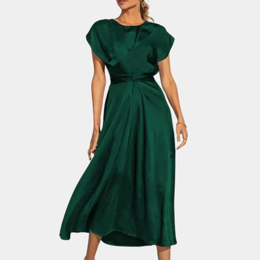 Women Classy Satin Silk Midi Dress Women's Round Neck Sleeveless Lace-up Chic Party Elegant Casual