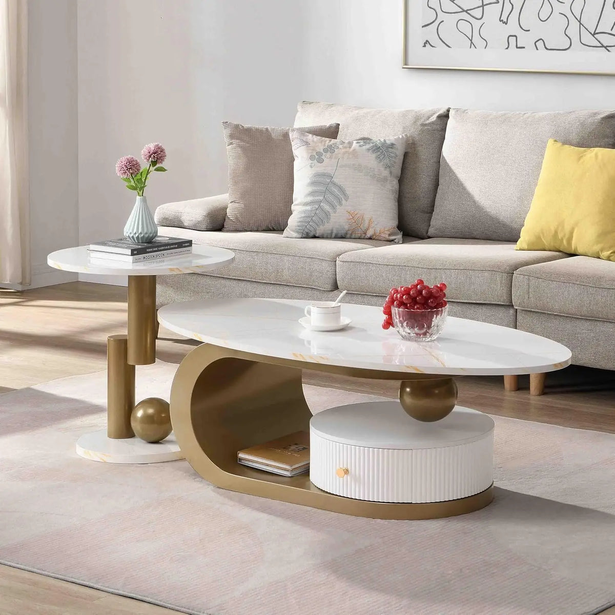 Modern Marble Coffee Table with Silver Stainless Steel Pedestal Living Room Home Decor Luxury Living