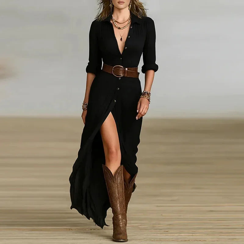 Woman French Retro V Neck Belted Slim Dress Single Breasted Long Sleeve Bohemian Dress