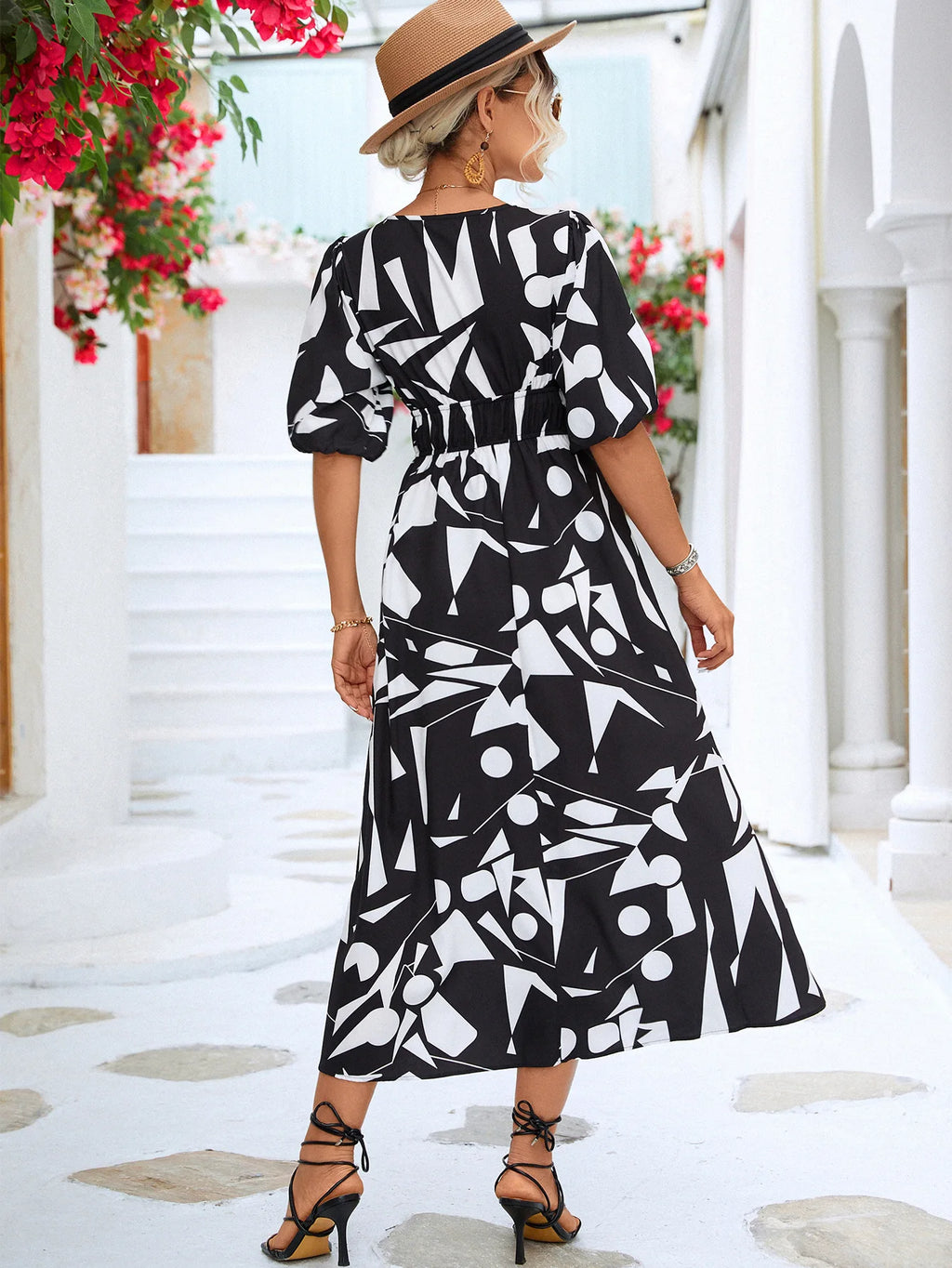 Women Modern Geometric Print Elegant Party Fashion V Neck Short Sleeve High Waist Midi Dress