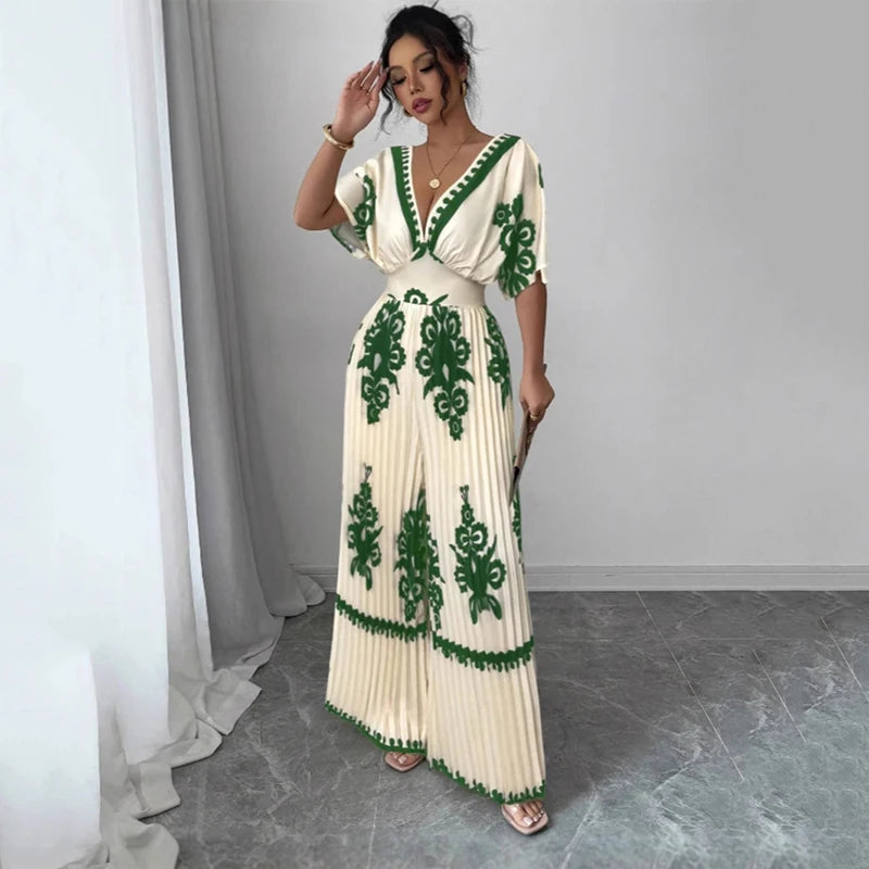 Women's New Casual Deep V Neck Backless Jumpsuit Fashion Versatile Short Sleeve High Waist Wide Leg Jumpsuits
