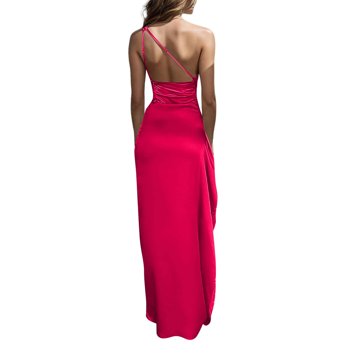 Women Formal Elegant Sexy Silk Satin Backless Slim One Shoulder HighSplit  Dress