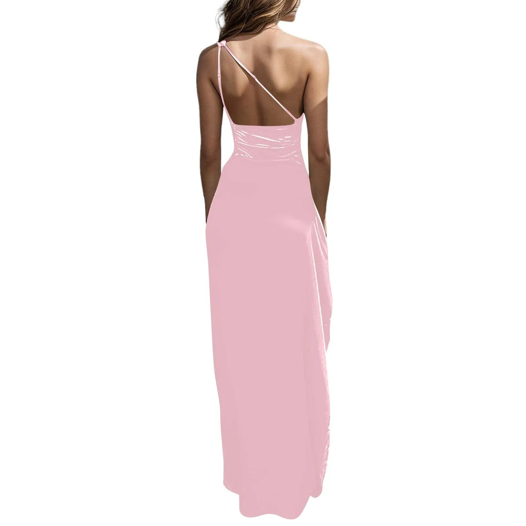 Women Formal Elegant Sexy Silk Satin Backless Slim One Shoulder HighSplit  Dress