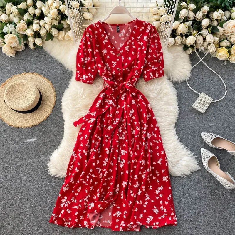 Women Floral Dress V Neck Puff Sleeve Single-Breasted Belt Dress Bohemian Style Midi Dress
