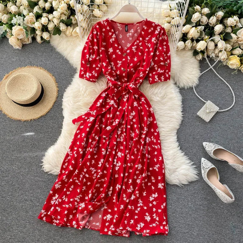 Women Floral Dress V Neck Puff Sleeve Single-Breasted Belt Dress Bohemian Style Midi Dress