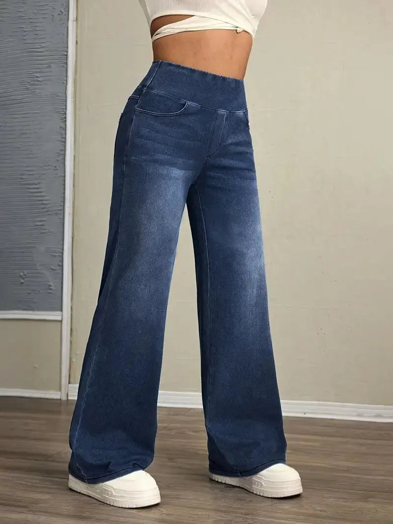Women's Jeans Elastic High Waist Stretch Loose Straight-Leg Trendy Comfortable