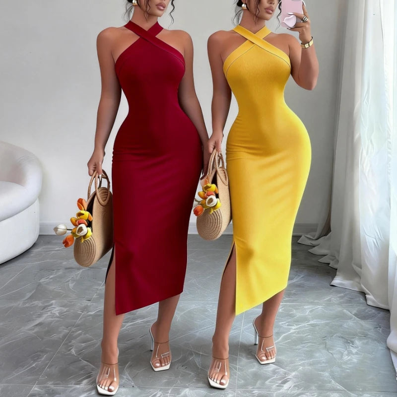 Women's Halter Neck Sleeveless Stretchy Midi Dress Elegant Party Evening Dress - TBGAH FASHIONS