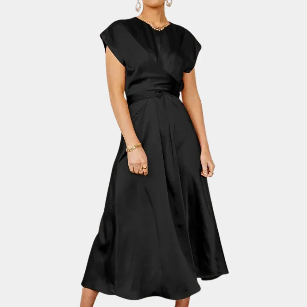 Women Classy Satin Silk Midi Dress Women's Round Neck Sleeveless Lace-up Chic Party Elegant Casual