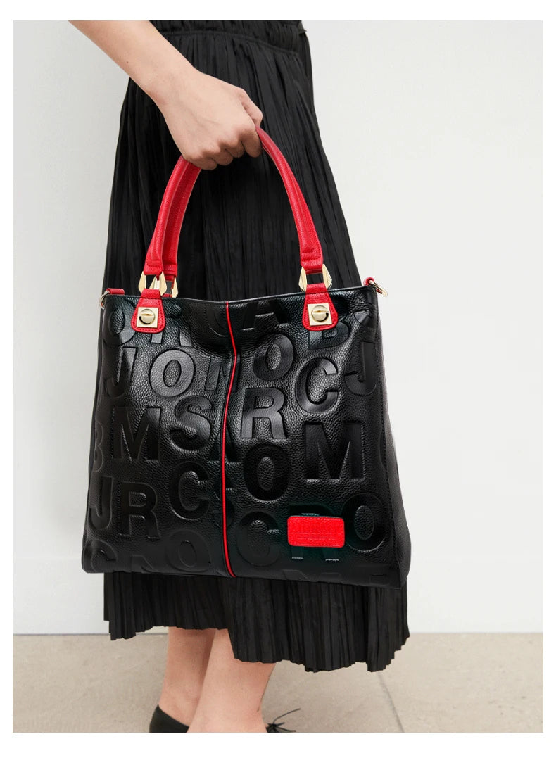 New Women's Cowhide Fashionable and Versatile Large Letter Printed Shoulder Bag