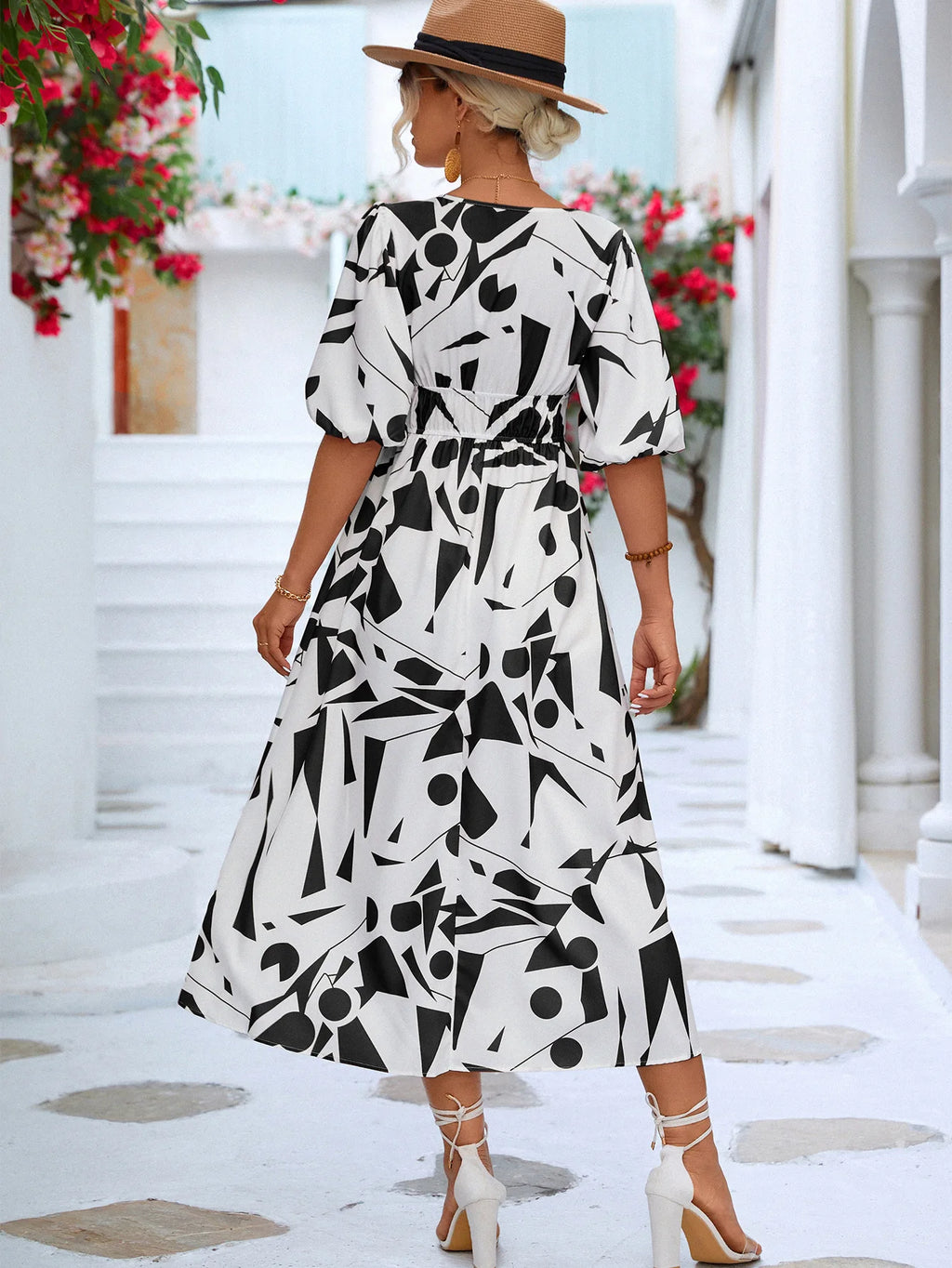 Women Modern Geometric Print Elegant Party Fashion V Neck Short Sleeve High Waist Midi Dress