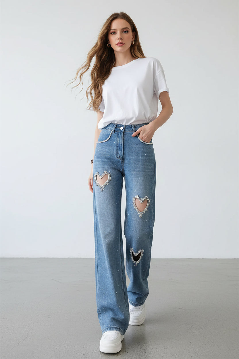 Heart Shaped Stylish Fashion Jeans  Diamond-Encrusted Beaded Hollowed-Out Straight Wide-Leg Women