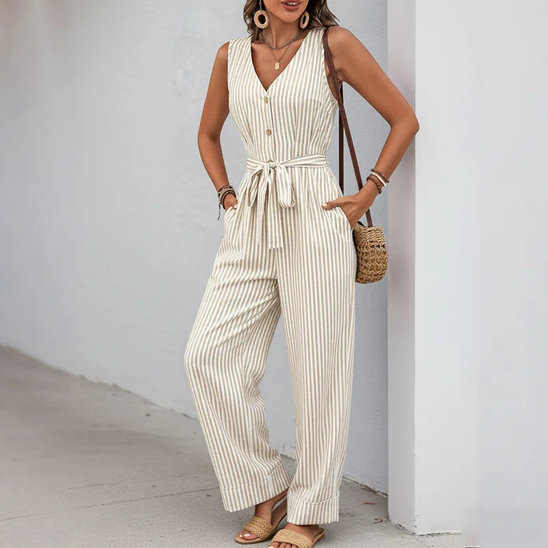 Women's Sleeveless Comfortable Fit V-Neck Striped Jumpsuit with Belted Waist and Pockets and Wide Leg Pants for Casual Summer