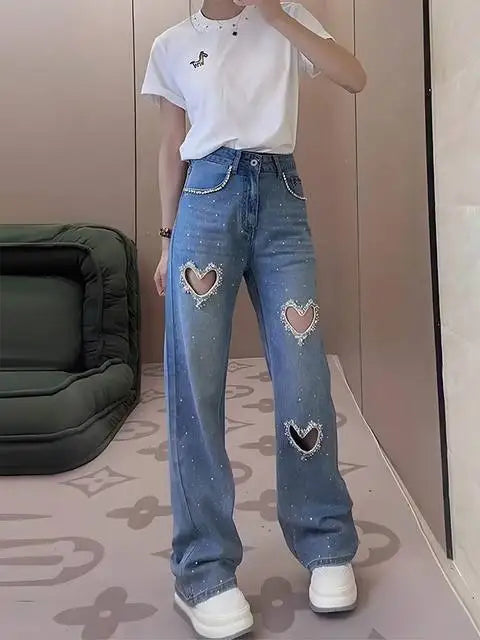 Heart Shaped Stylish Fashion Jeans  Diamond-Encrusted Beaded Hollowed-Out Straight Wide-Leg Women
