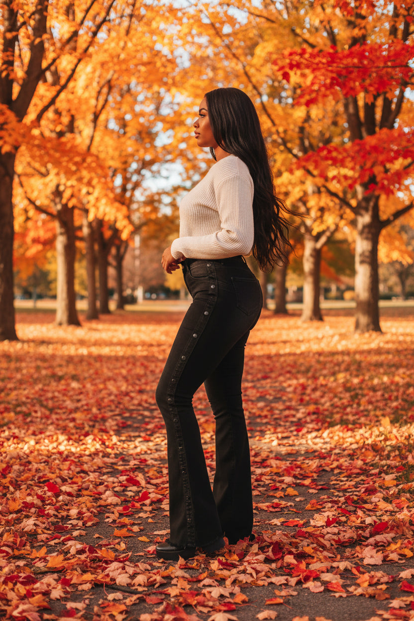 Women Denim Waist Strecth Flare Jeans Vintage Buttons Floor Length