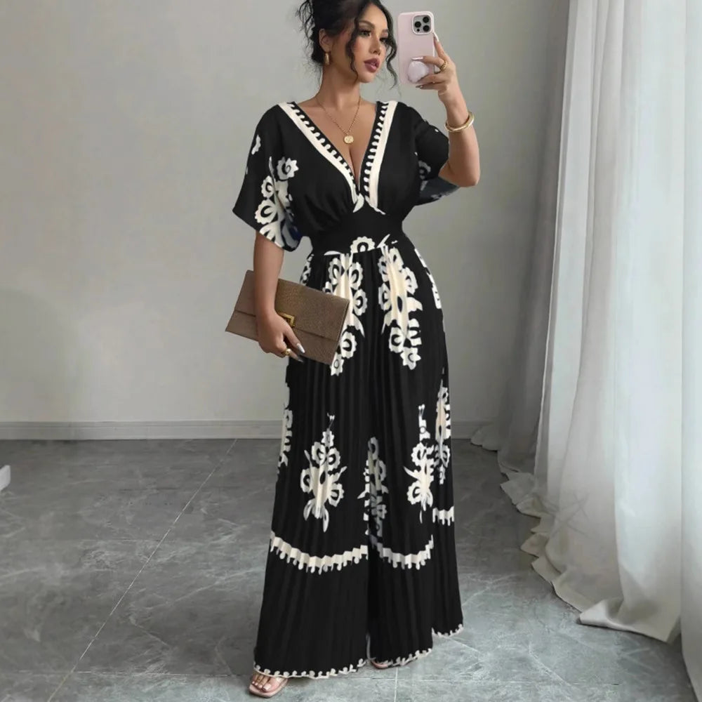 Women's New Casual Deep V Neck Backless Jumpsuit Fashion Versatile Short Sleeve High Waist Wide Leg Jumpsuits