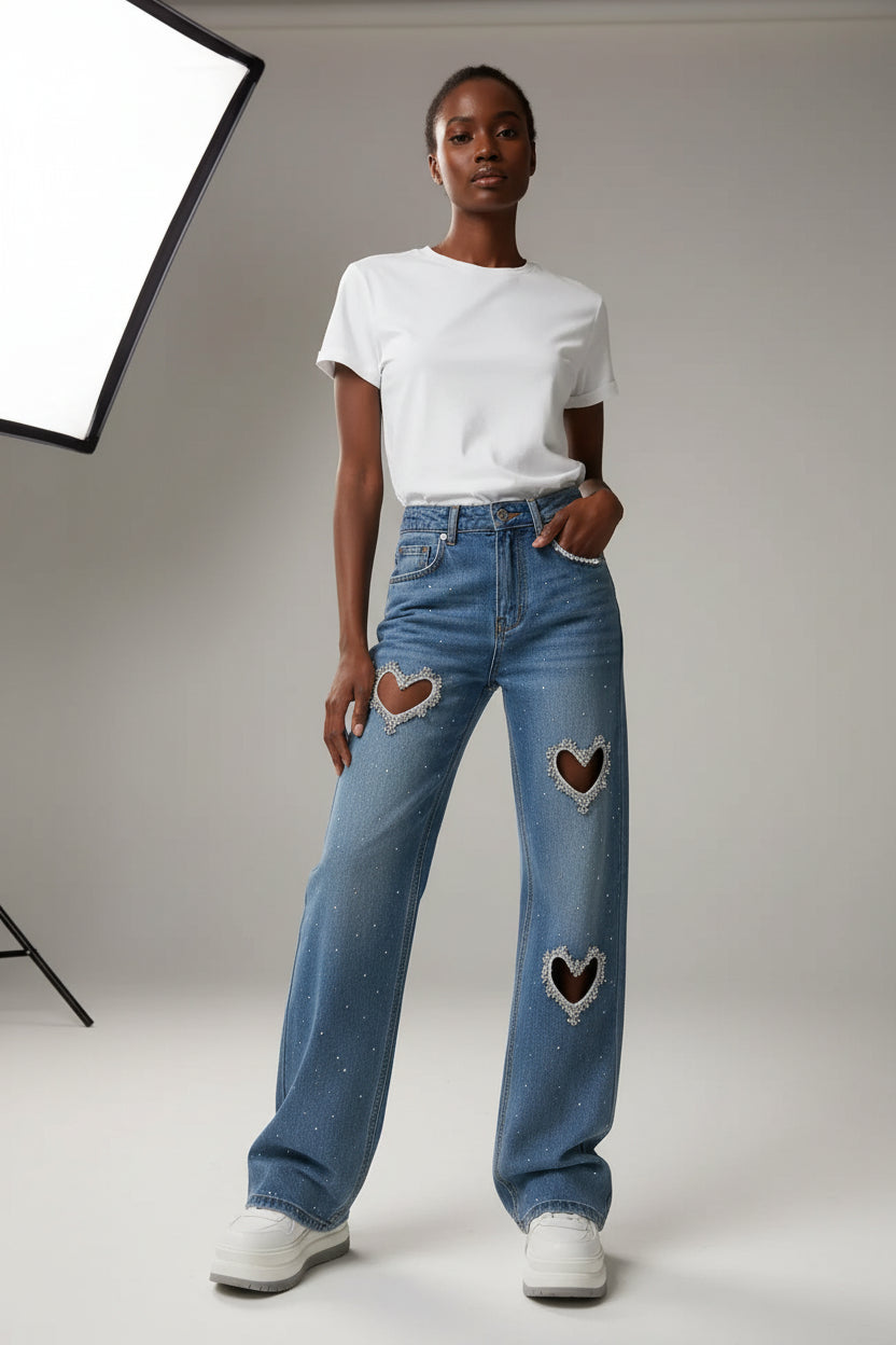 Heart Shaped Stylish Fashion Jeans  Diamond-Encrusted Beaded Hollowed-Out Straight Wide-Leg Women