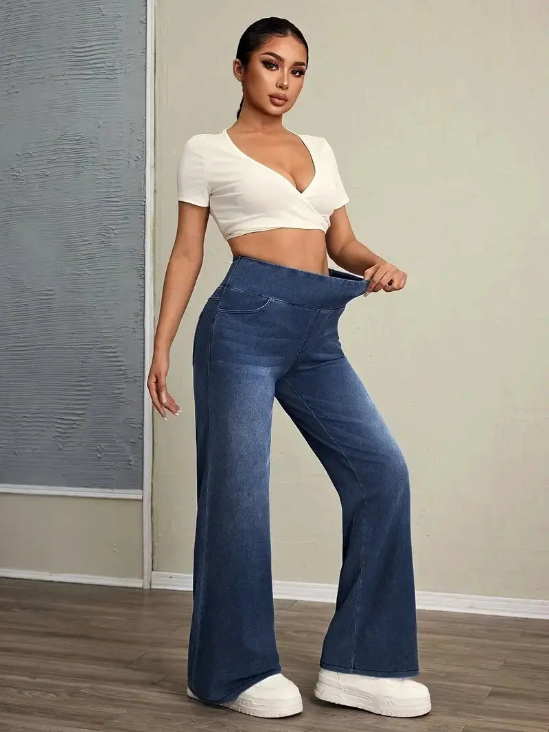 Women's Jeans Elastic High Waist Stretch Loose Straight-Leg Trendy Comfortable