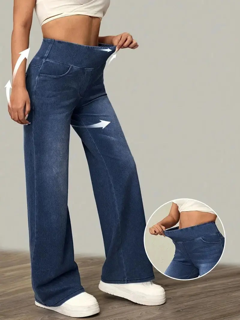 Women's Jeans Elastic High Waist Stretch Loose Straight-Leg Trendy Comfortable