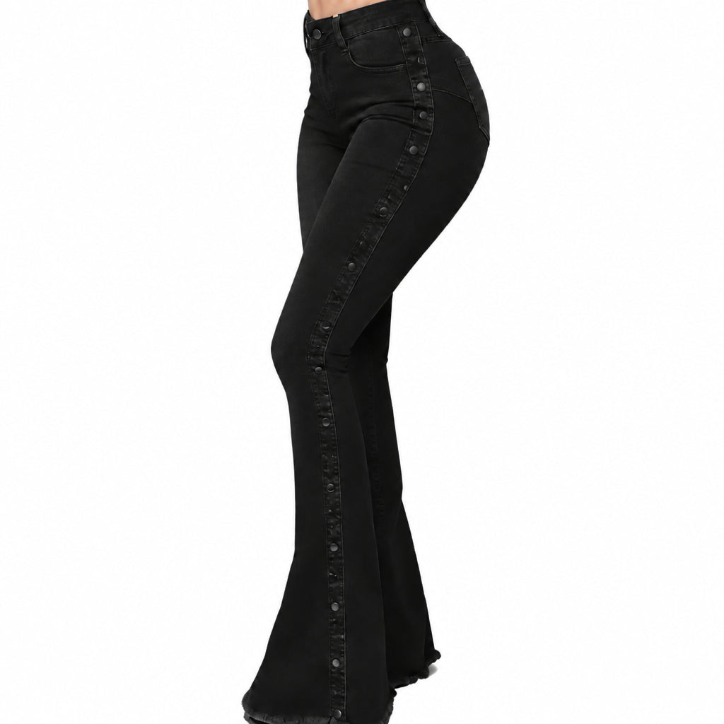 Women Denim Waist Strecth Flare Jeans Vintage Buttons Floor Length