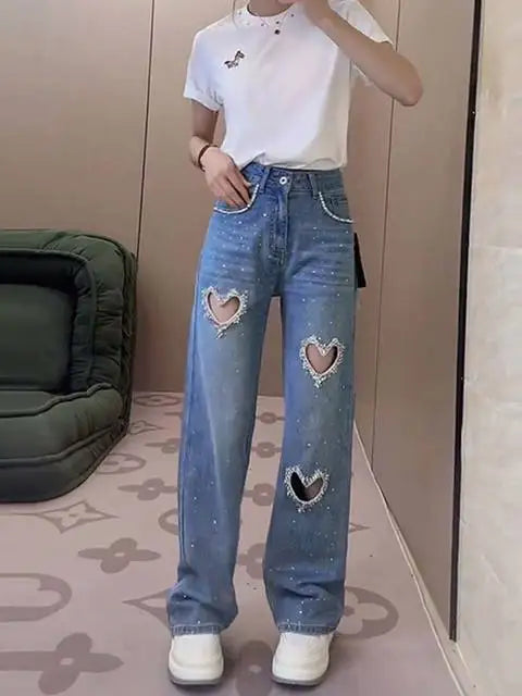 Heart Shaped Stylish Fashion Jeans  Diamond-Encrusted Beaded Hollowed-Out Straight Wide-Leg Women
