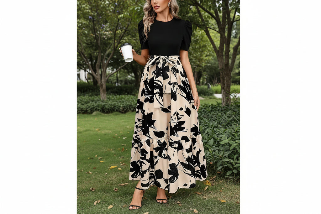 Women Classy Elegant  A-line Lace-up Slim Fit Waist Ruffle Hem Dress
