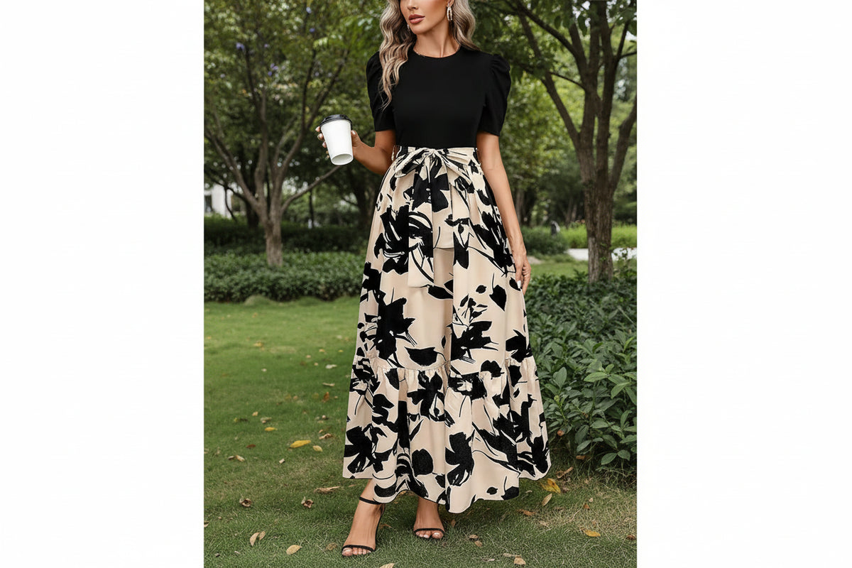 Women Classy Elegant  A-line Lace-up Slim Fit Waist Ruffle Hem Dress