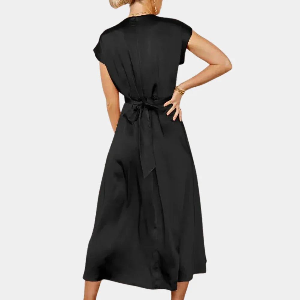 Women Classy Satin Silk Midi Dress Women's Round Neck Sleeveless Lace-up Chic Party Elegant Casual