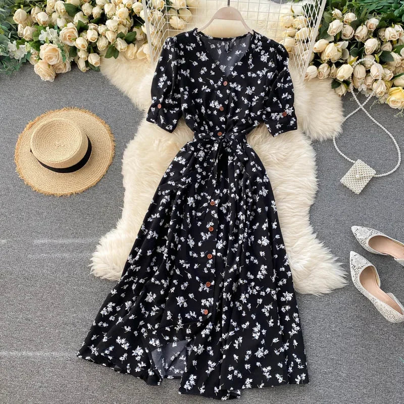Women Floral Dress V Neck Puff Sleeve Single-Breasted Belt Dress Bohemian Style Midi Dress