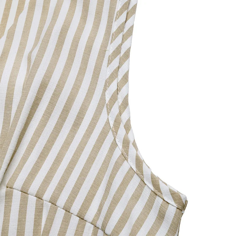 Women's Sleeveless Comfortable Fit V-Neck Striped Jumpsuit with Belted Waist and Pockets and Wide Leg Pants for Casual Summer