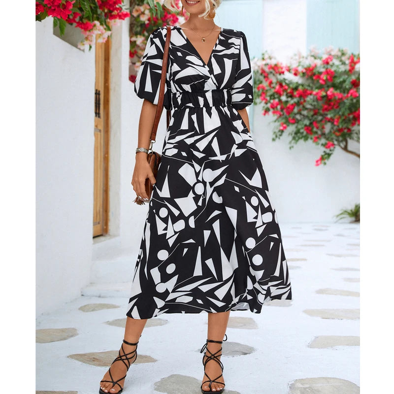 Women Modern Geometric Print Elegant Party Fashion V Neck Short Sleeve High Waist Midi Dress