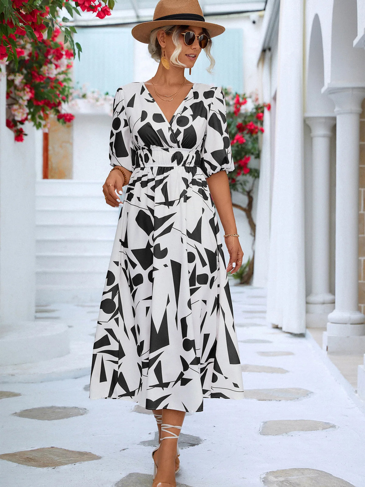 Women Modern Geometric Print Elegant Party Fashion V Neck Short Sleeve High Waist Midi Dress