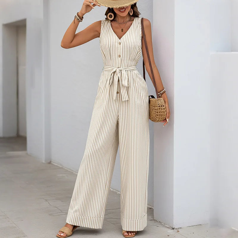 Women's Sleeveless Comfortable Fit V-Neck Striped Jumpsuit with Belted Waist and Pockets and Wide Leg Pants for Casual Summer