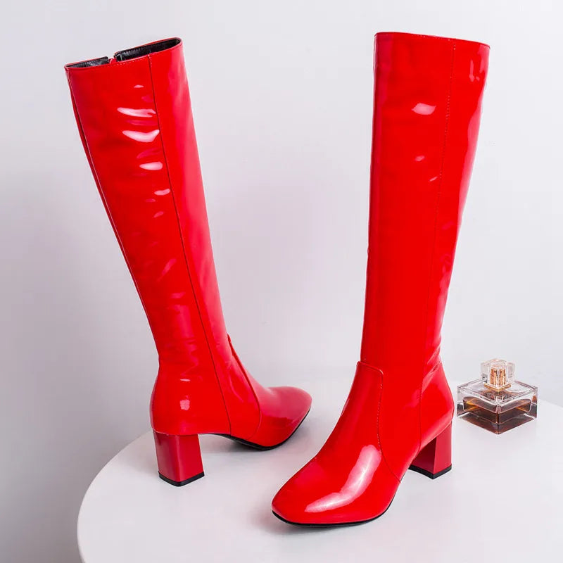 Women's Patent Leather High Knee Waterproof Boots