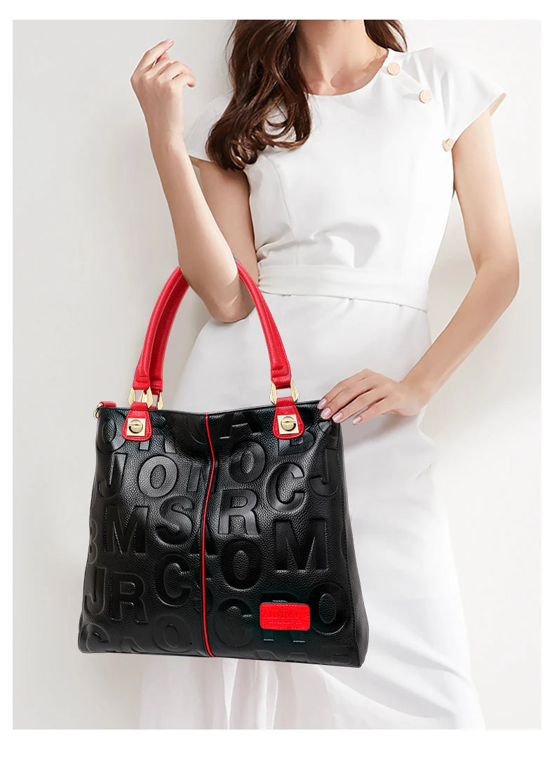 New Women's Cowhide Fashionable and Versatile Large Letter Printed Shoulder Bag