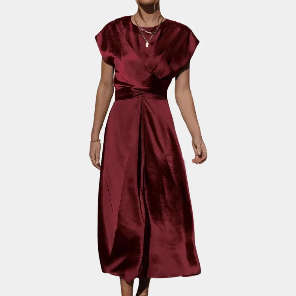 Women Classy Satin Silk Midi Dress Women's Round Neck Sleeveless Lace-up Chic Party Elegant Casual