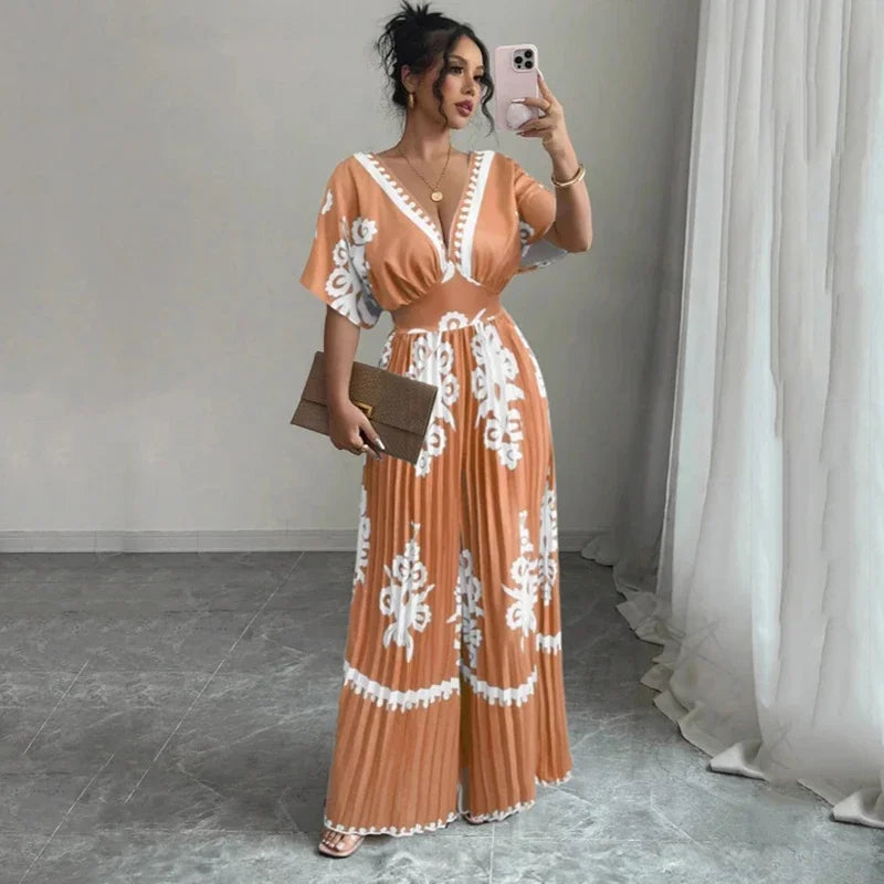 Women's New Casual Deep V Neck Backless Jumpsuit Fashion Versatile Short Sleeve High Waist Wide Leg Jumpsuits